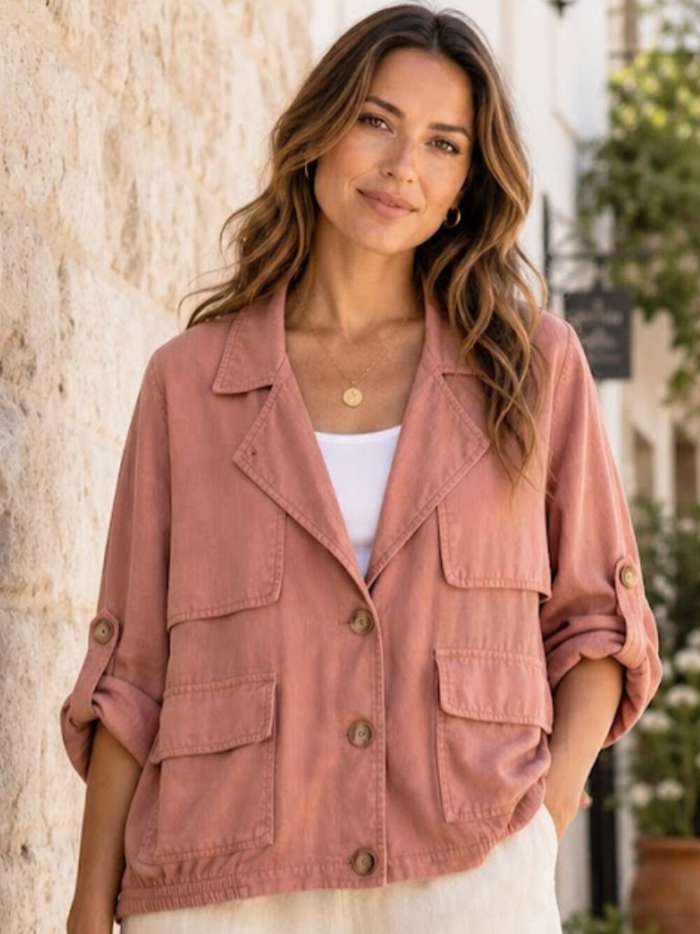 Easel Linen Blend Utility Jacket Terracotta Button Front L